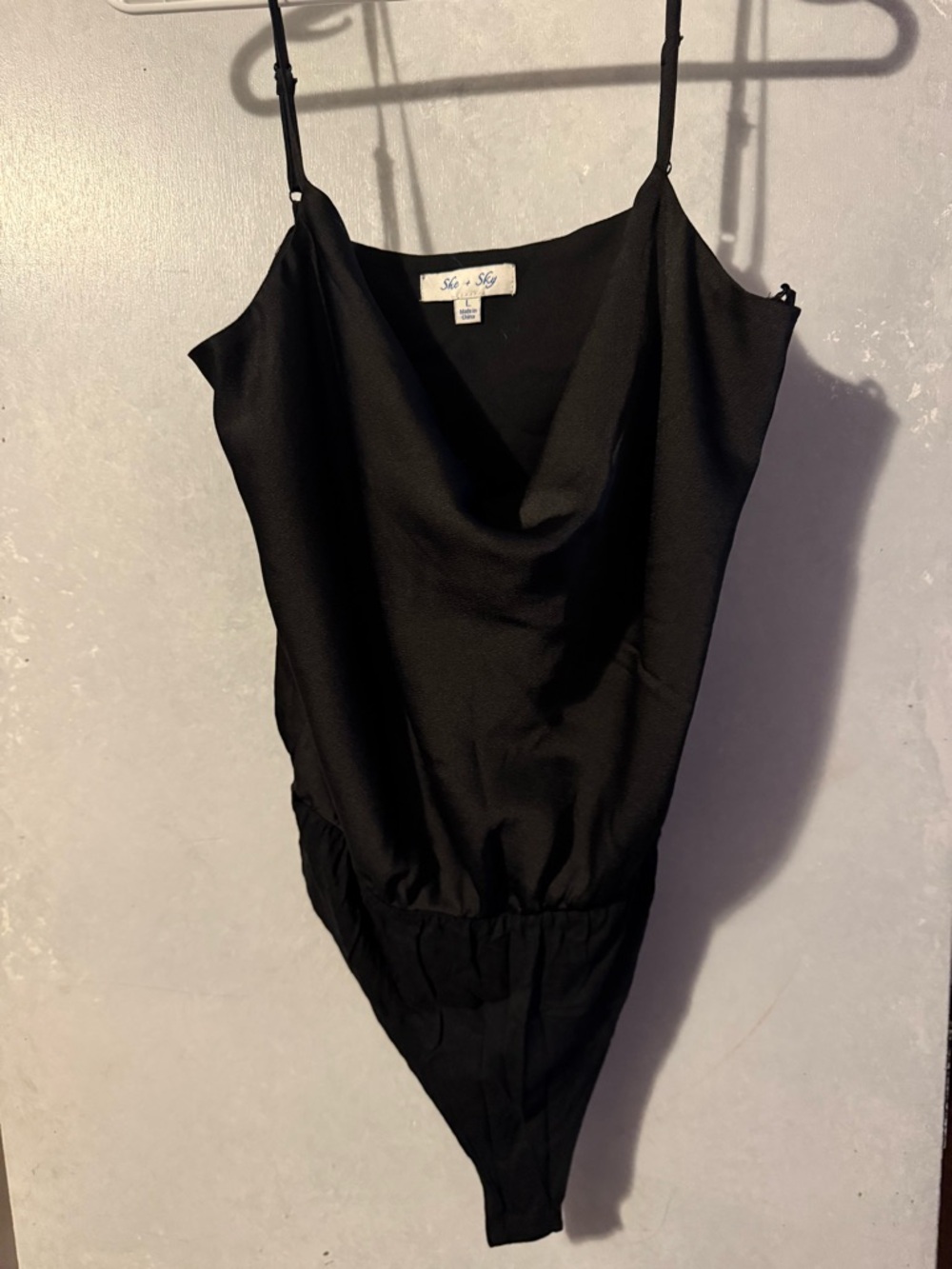 She + Sky Black Satin Cowl Neck Bodysuit
